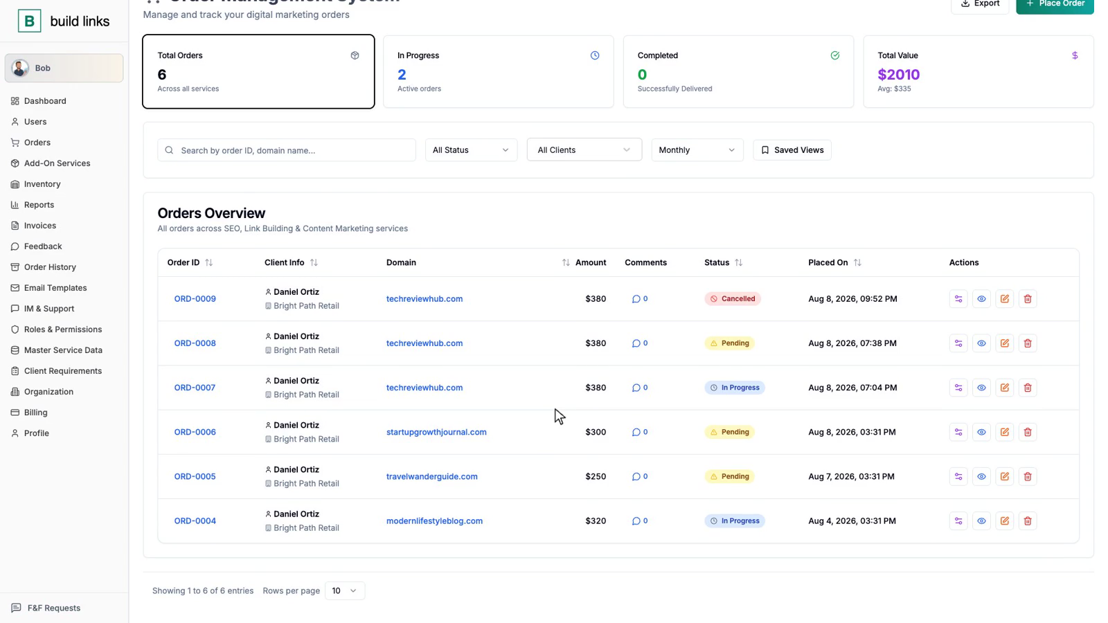 BuildLinks Orders dashboard listing six orders with live Pending, In Progress, and Cancelled statuses, plus client, domain, and amount columns